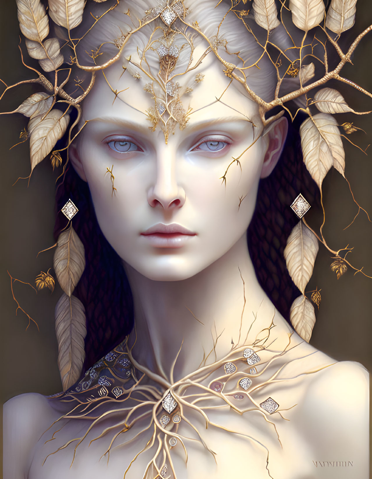 Person with pale skin wearing branch and leaf crown and jewelry in mystical and natural illustration