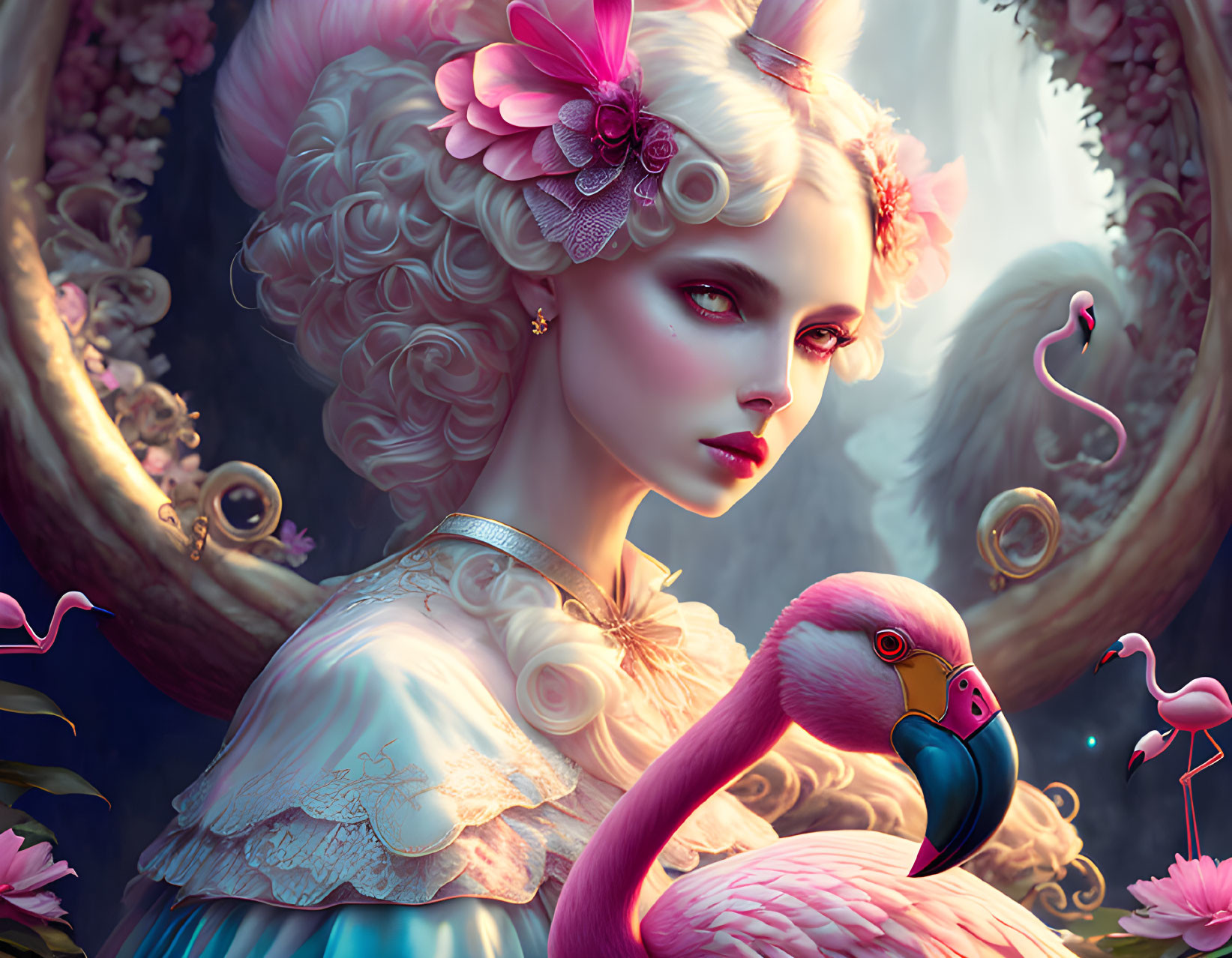 Baroque-style woman with pink flamingos in fantastical setting