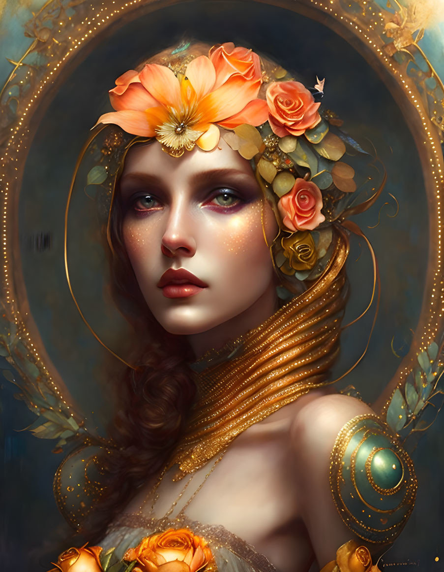 Woman portrait with floral and golden adornments in warm tones