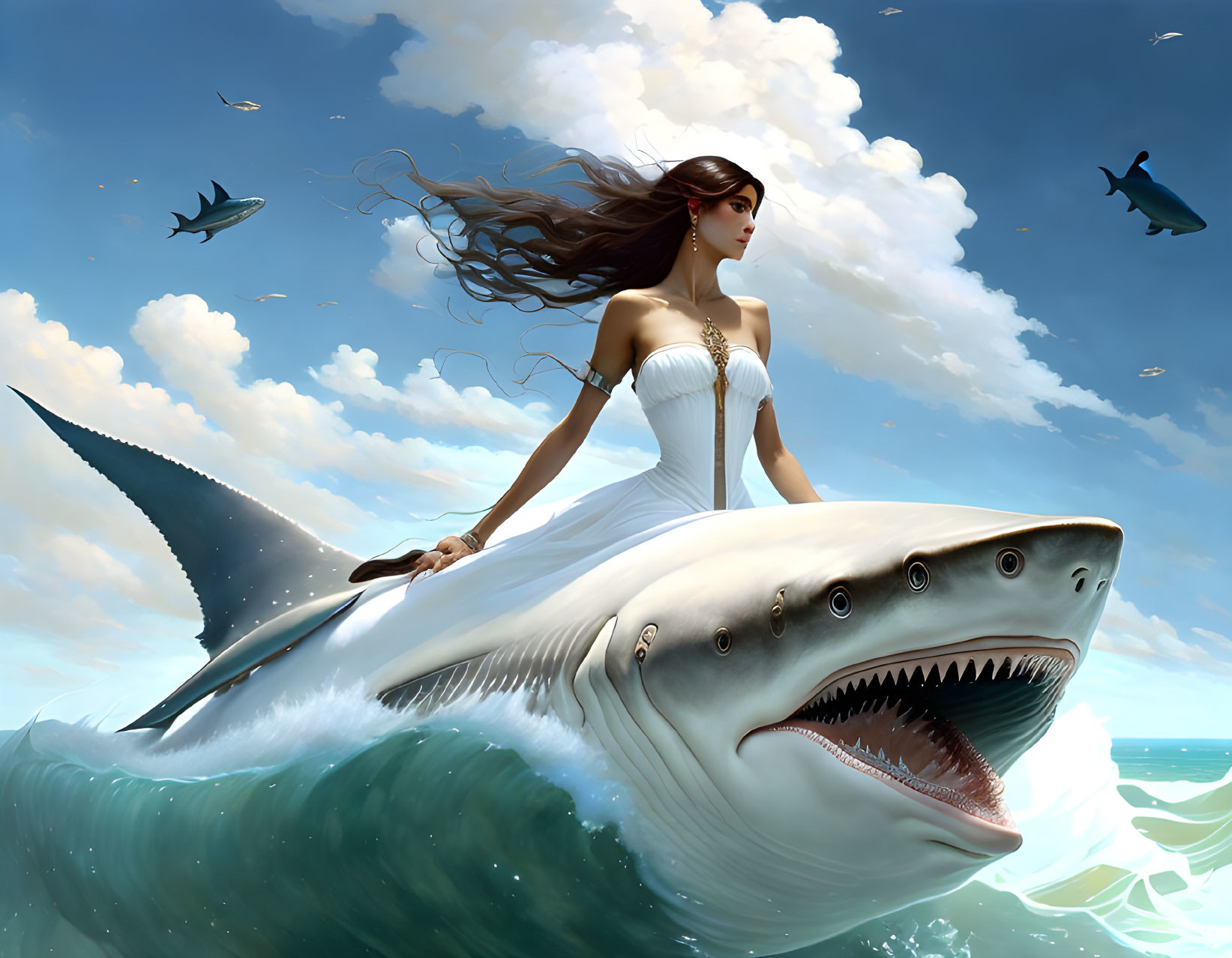 Woman in white dress riding giant shark across ocean waves under blue sky with clouds and flying fish.