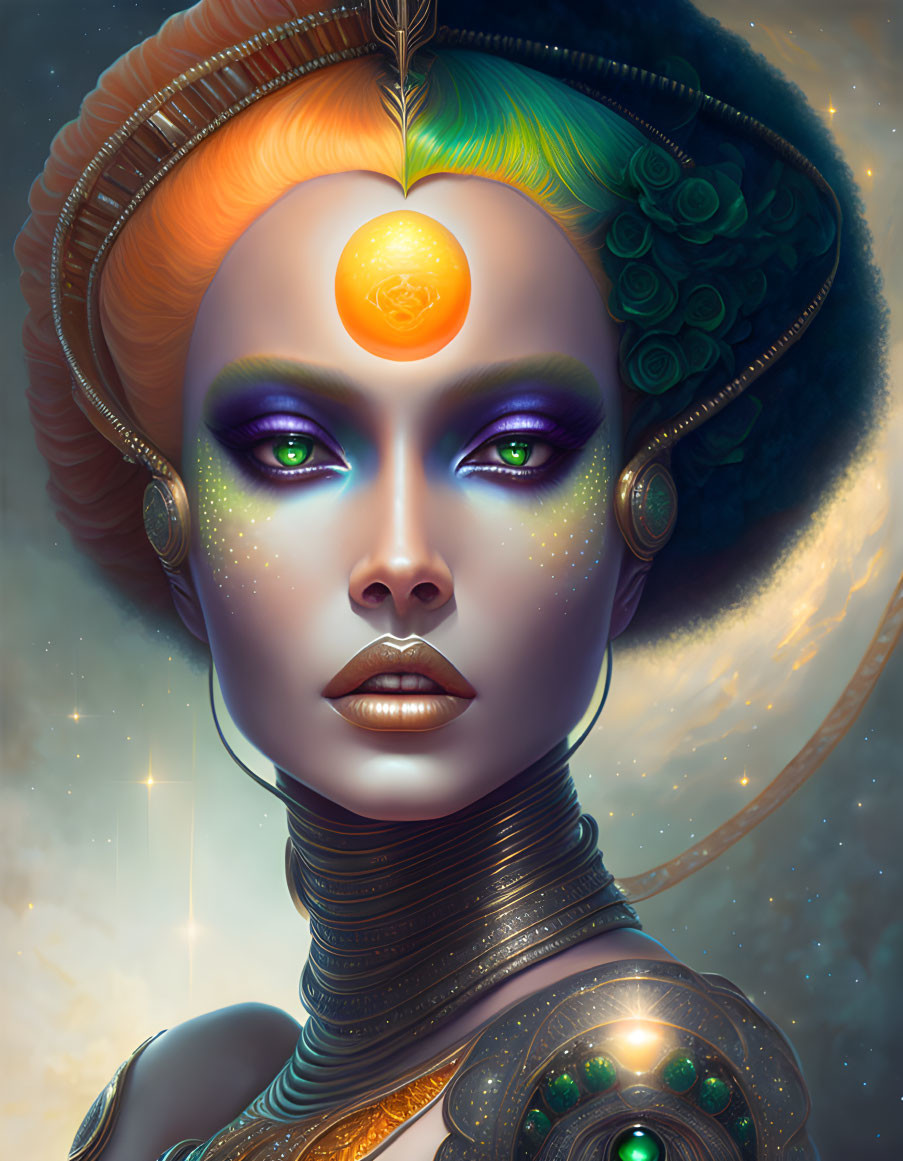 Vibrant cosmic-themed fantasy portrait of a woman