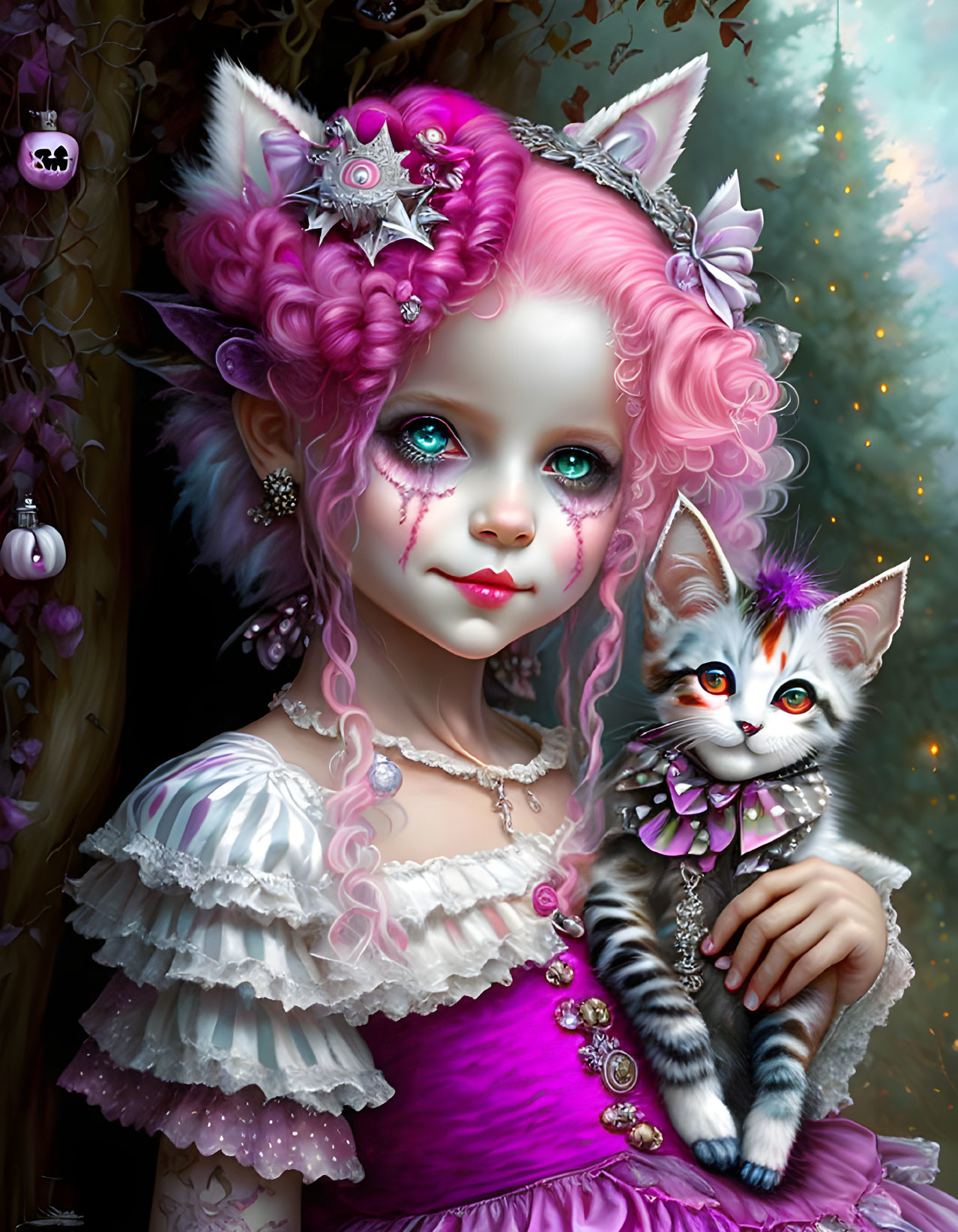 Girl with pink curly hair and blue eyes in Gothic Lolita outfit holding a kitten with a bow tie