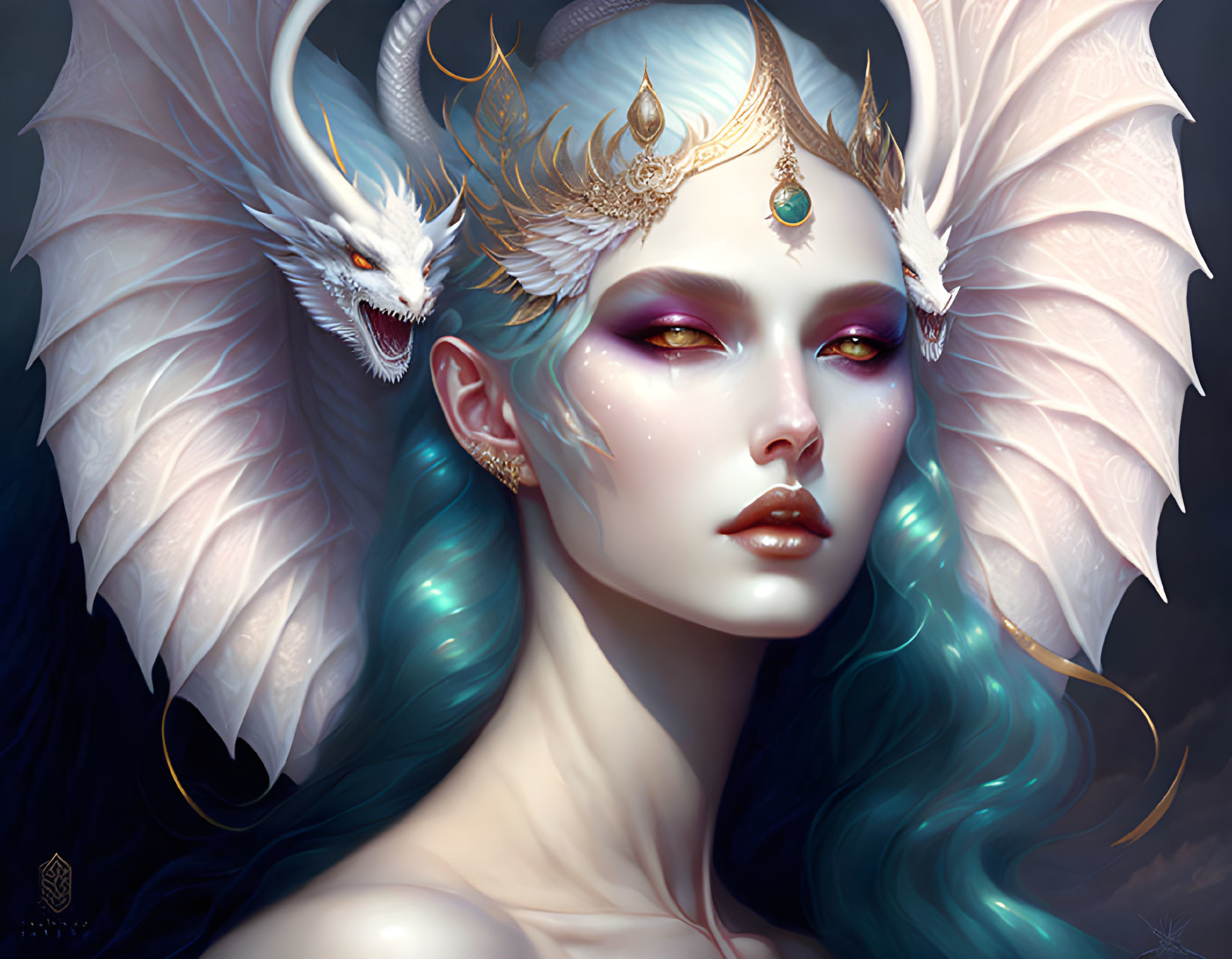 Fantastical portrait of a woman with blue hair and a white dragon.