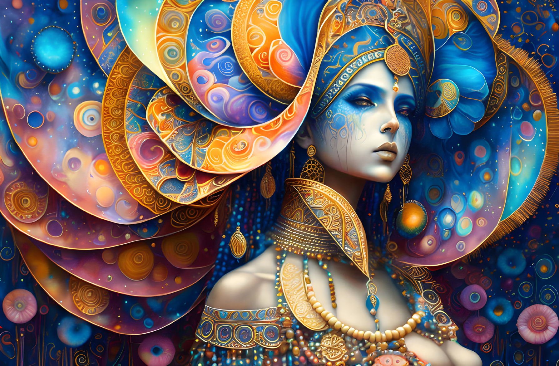 Colorful digital artwork: Woman with cosmic headdress in blue and gold swirls