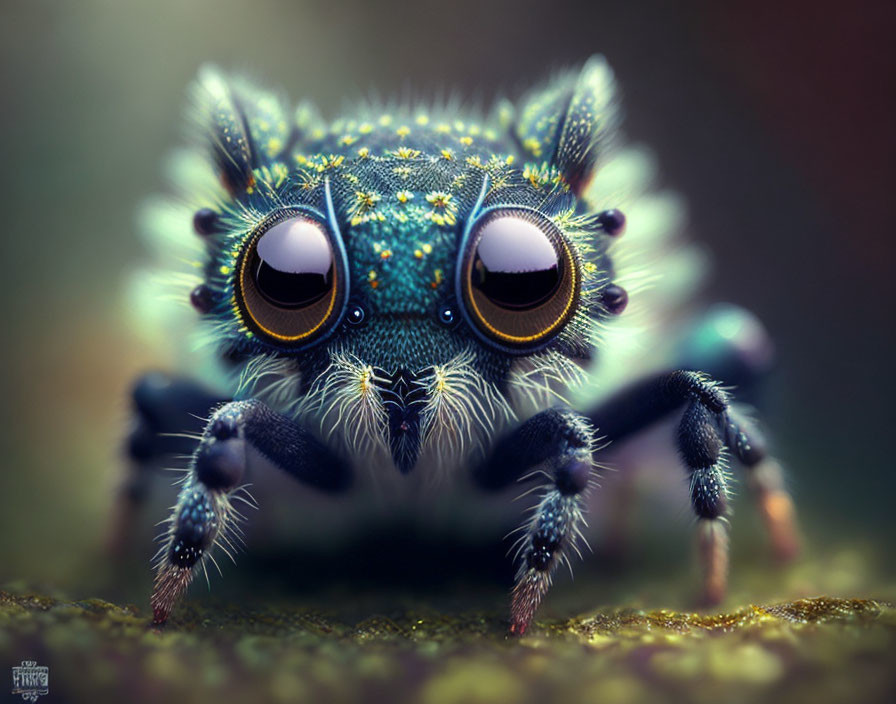 Vibrantly colored jumping spider with large, round eyes and detailed hairy texture