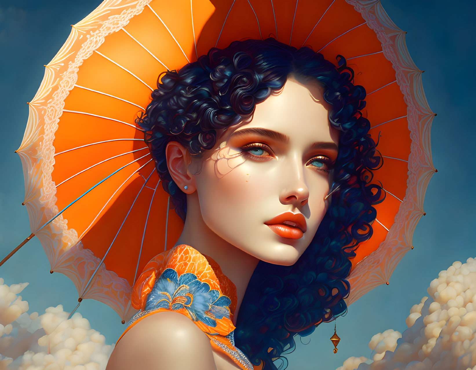 Curly-haired woman portrait with orange umbrella under golden light