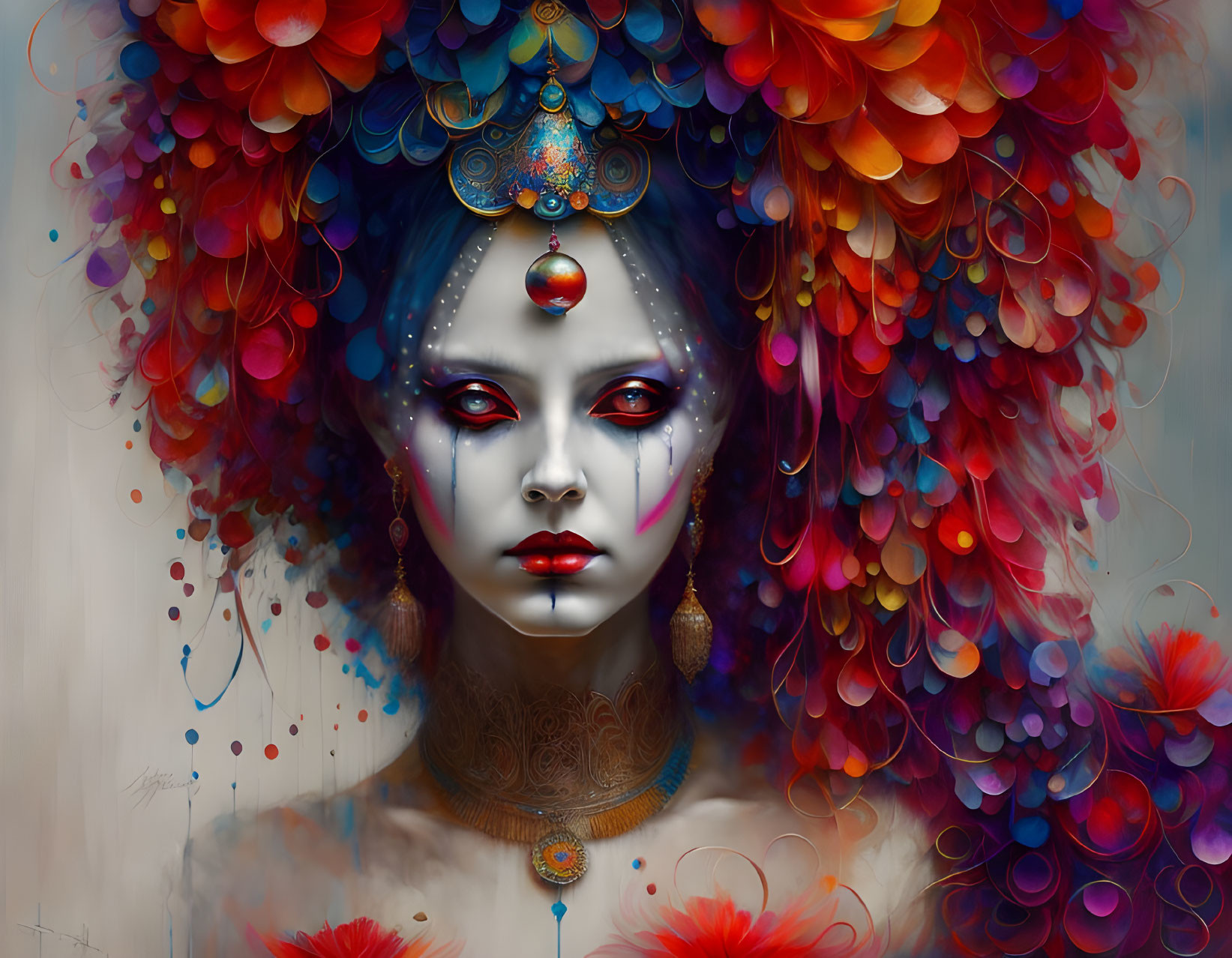 Colorful digital art: Mystical figure with blue skin and ornate headdress.