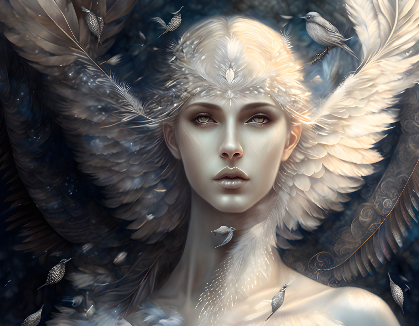 Fantasy image of woman with feathered wings and birds in dreamy setting