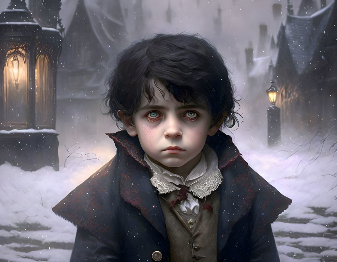 Young boy with dark hair and green eyes in snowy graveyard portrait