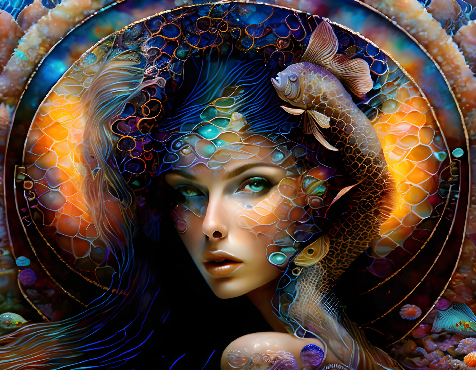 Digital art: Woman with aquatic features, fish, coral, circular ocean backdrop