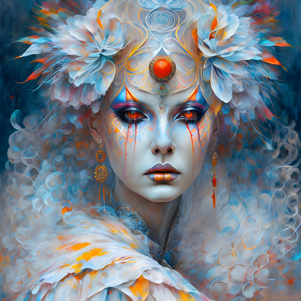 Mystical woman with vibrant blue eyes and ornate headpiece in ethereal setting