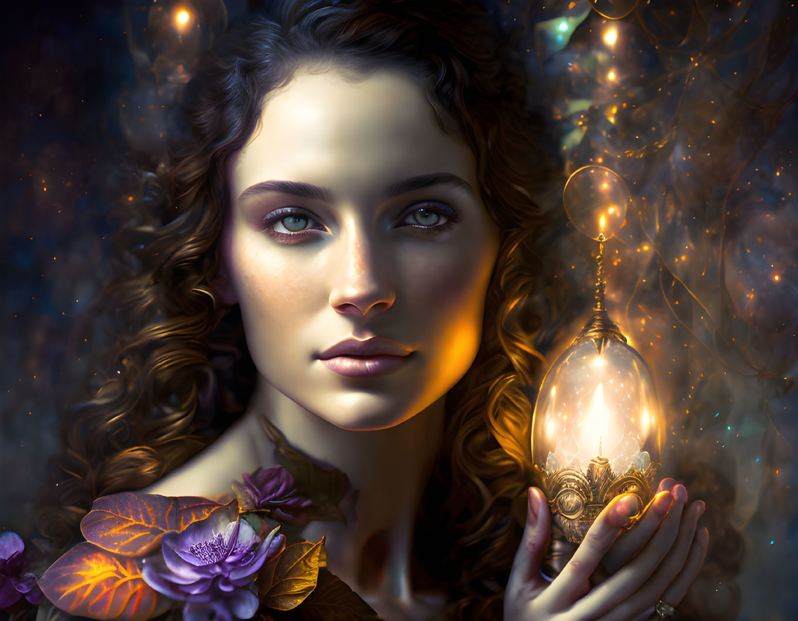 Curly-haired woman with green eyes holds glowing light bulb in warm, floral setting