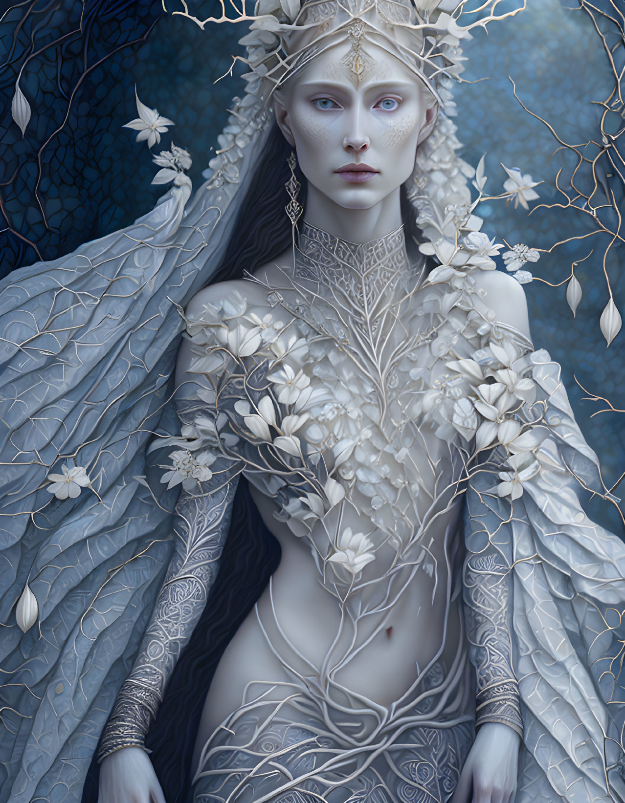 Fantasy illustration of pale-skinned woman with silver crown and body art on blue floral backdrop