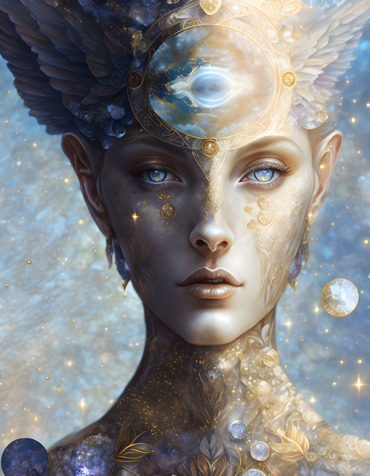 Fantasy portrait of an elf with celestial ornaments and ethereal motifs