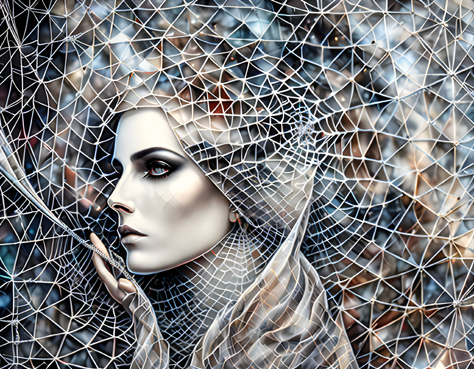 Geometric mesh patterns overlay woman's face in digital art