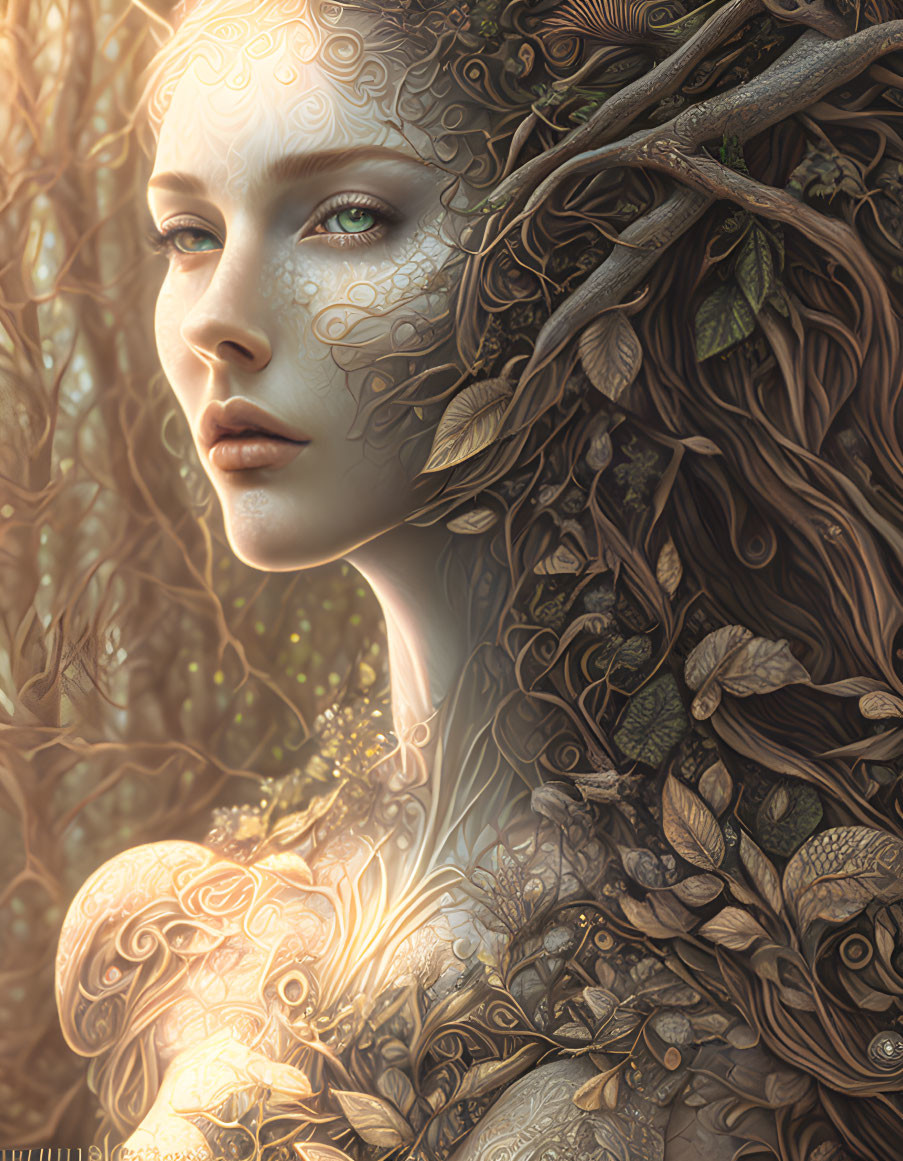 Mystical woman with leafy hair and forest-nymph vibe