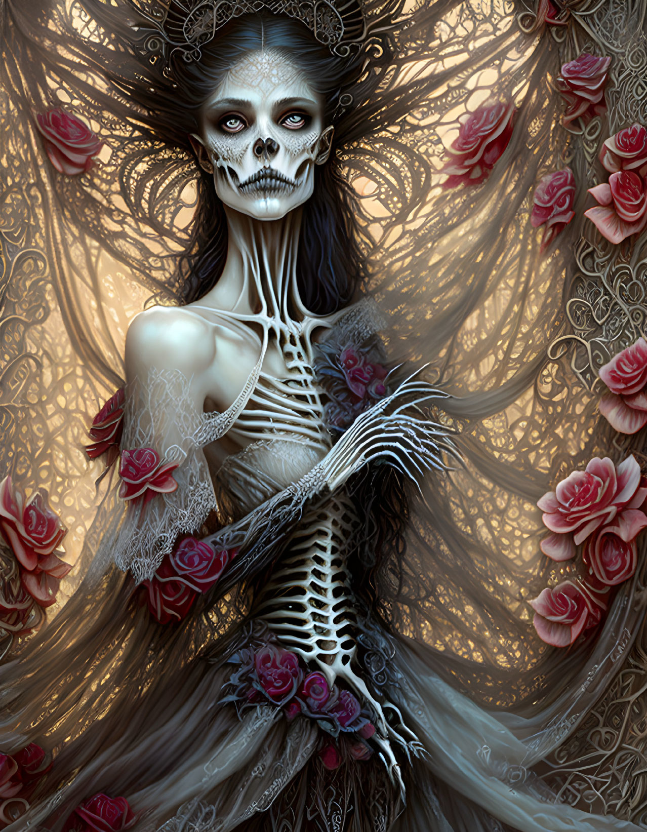 Skeletal figure in lace dress with rose accents and skull face.