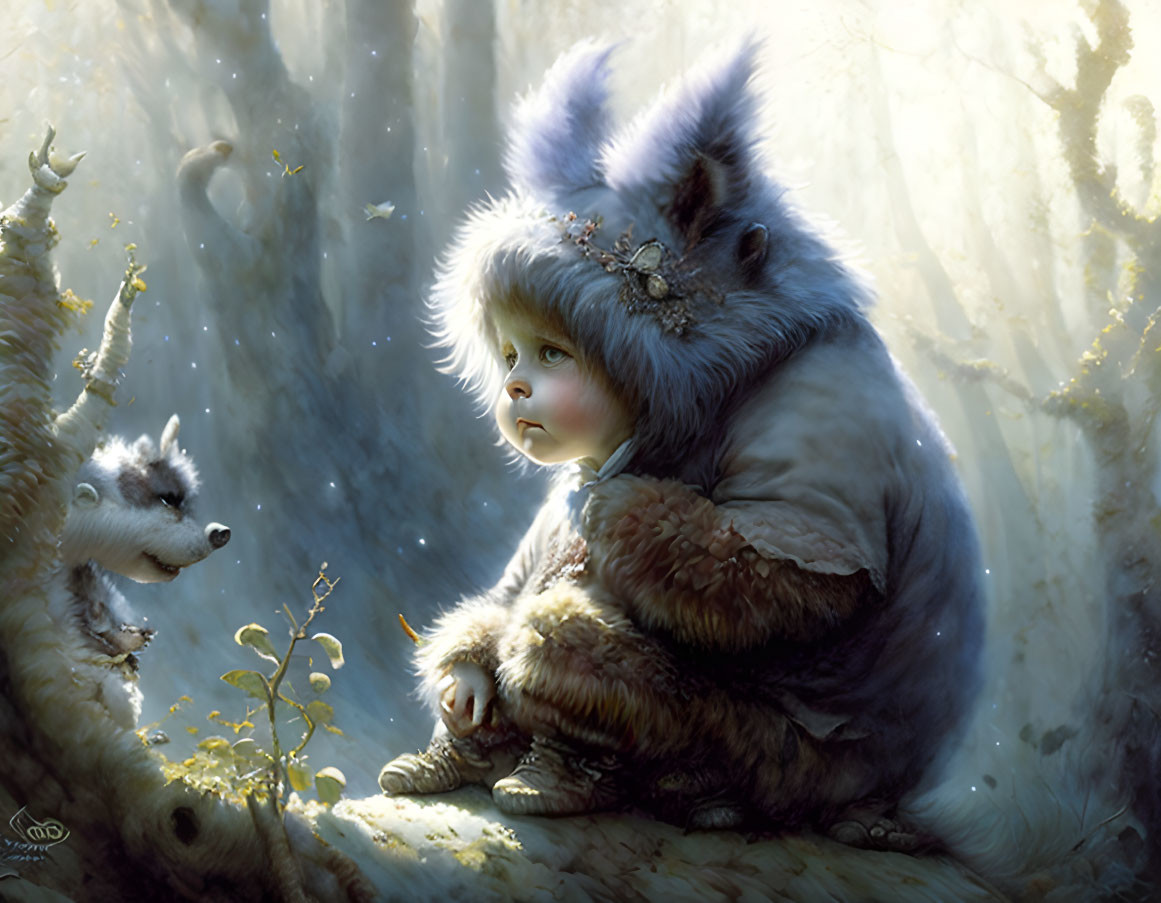 Child in furry costume with fantastical creature in sunlit forest