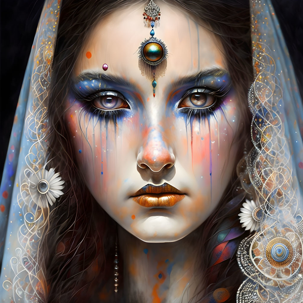 Detailed digital artwork: Woman with ornate makeup, jewel adornments, and patterned veils,