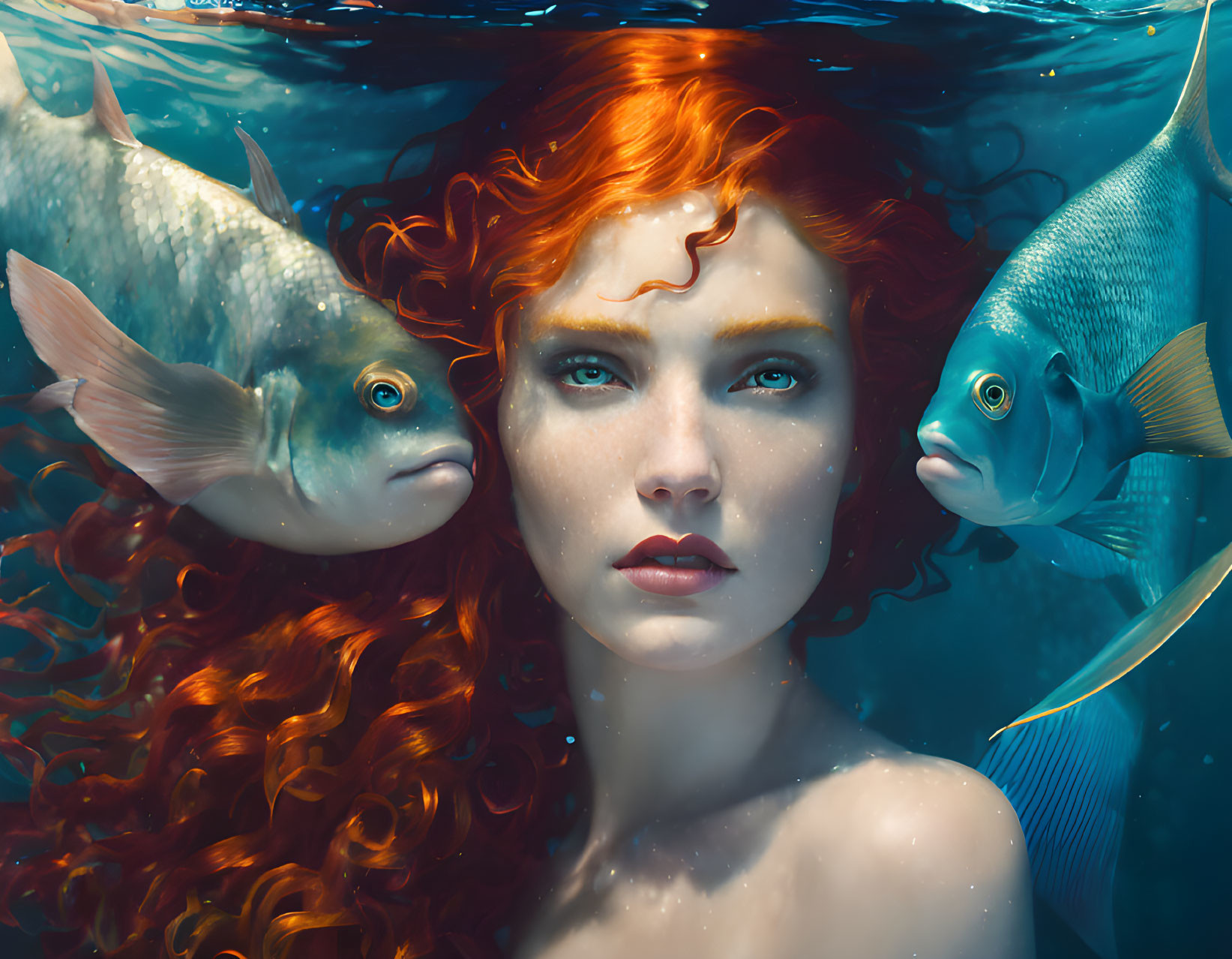 Red-haired woman underwater with two fish and intense gaze