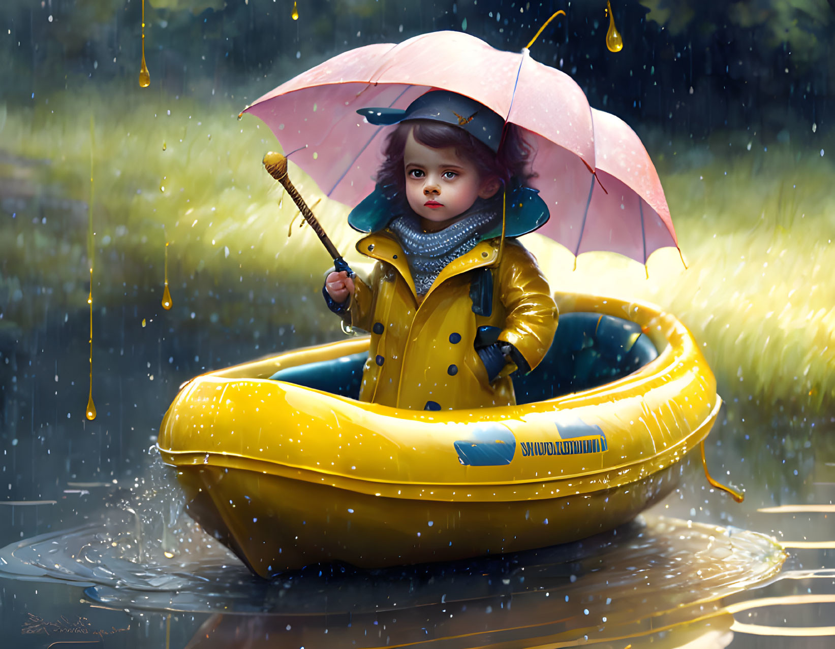 Child in yellow raincoat with pink umbrella in yellow boat under rainy sky