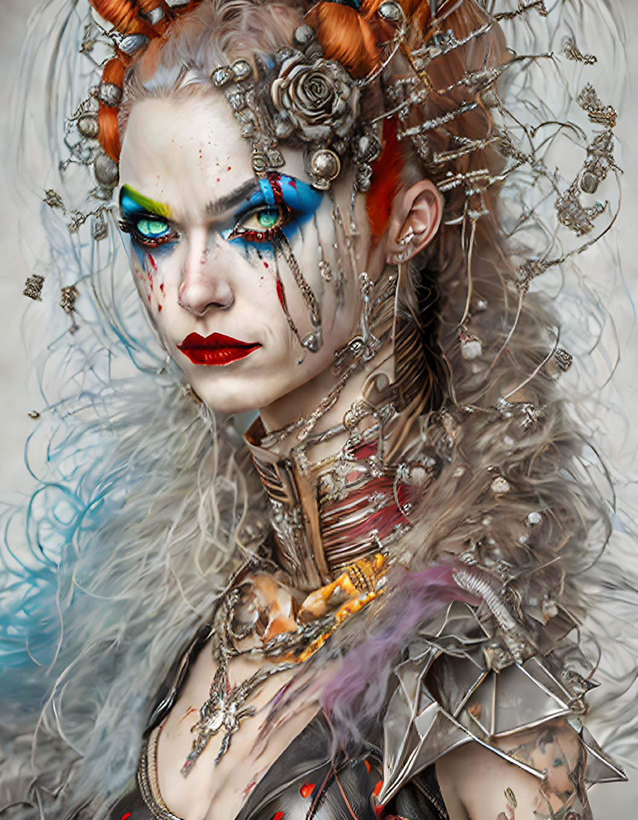 Elaborate fantasy makeup and costume with metallic accessories