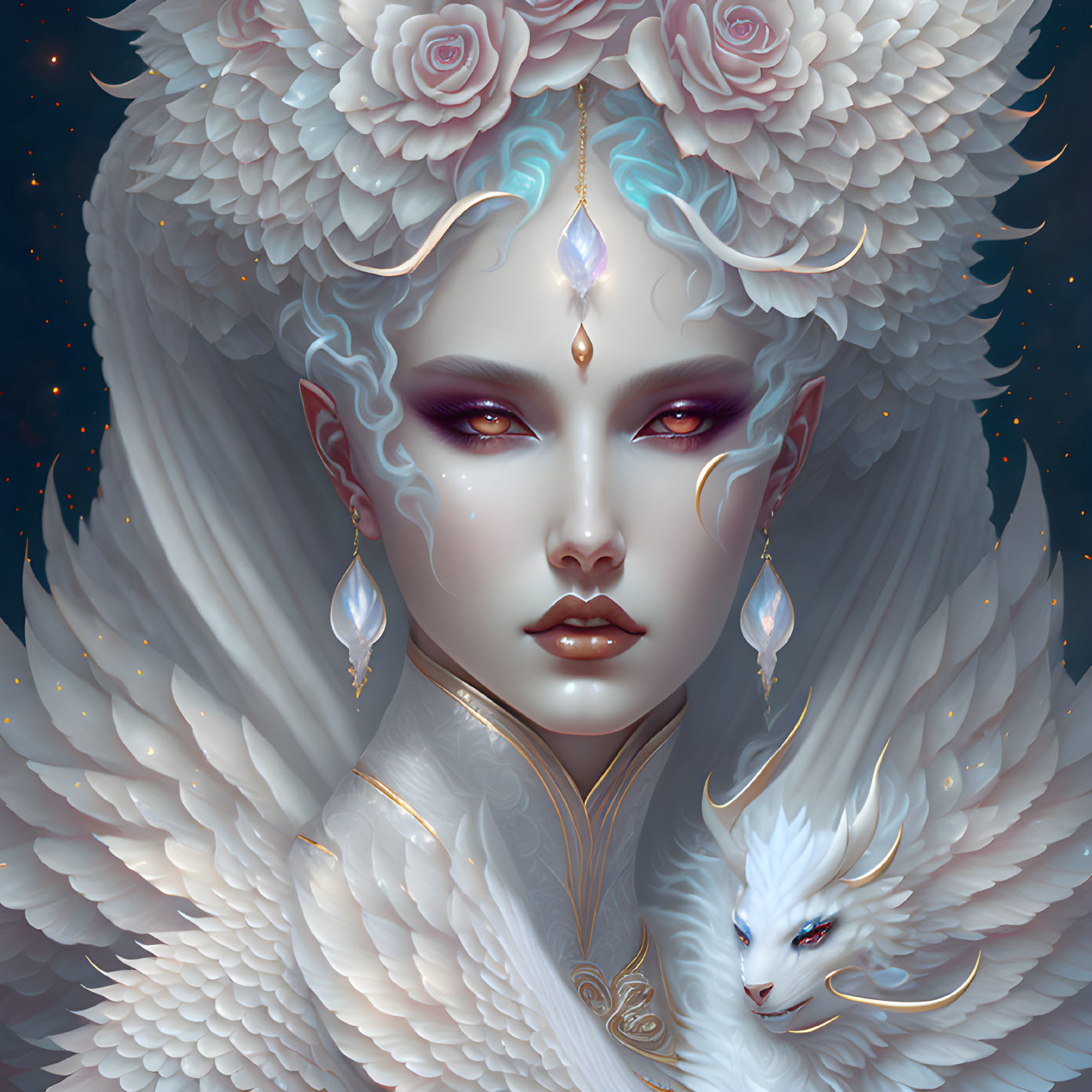 Mystical figure in white feathered attire with pale skin and small creature, against starry backdrop