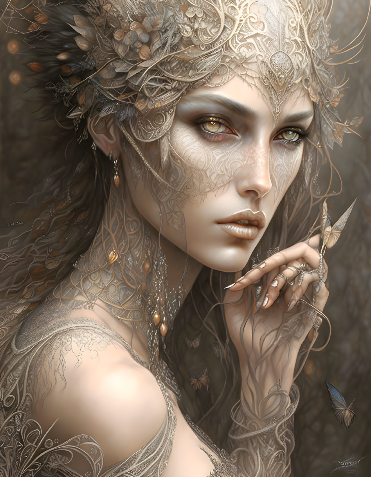 Fantasy illustration: ethereal woman with ornate headpiece, jewelry, tattoos, and butterfly.