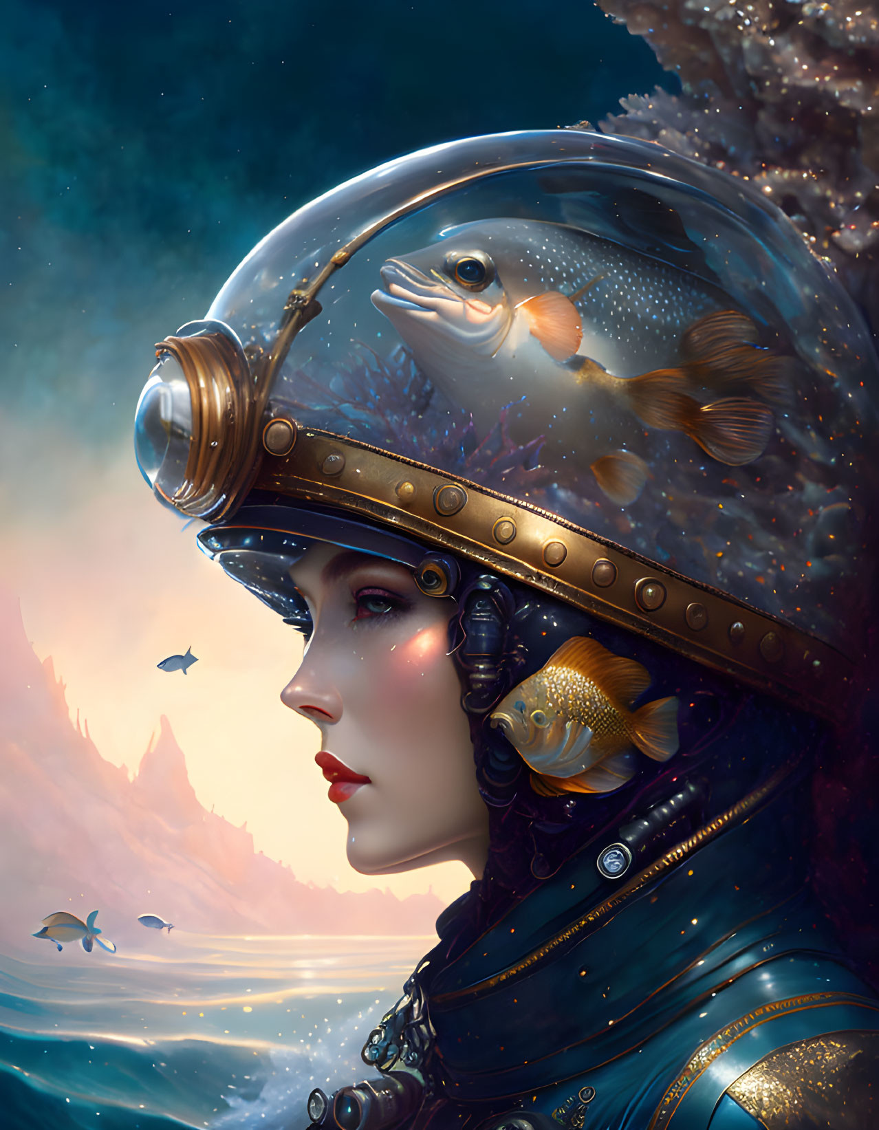 Surreal portrait of woman in astronaut helmet with live fish and aquatic scenery