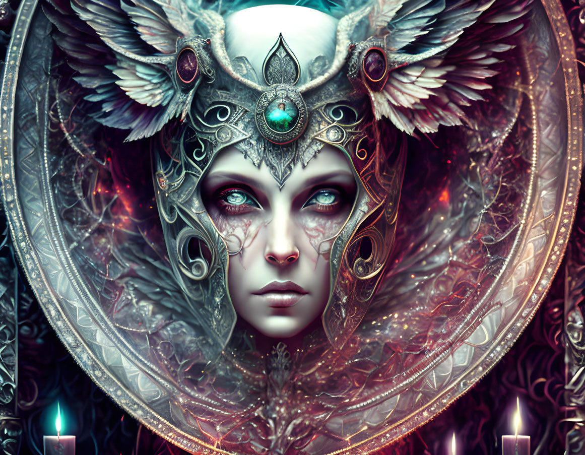 Fantasy digital art: Female figure with ornate headdress, feathers, metallic details, green gems