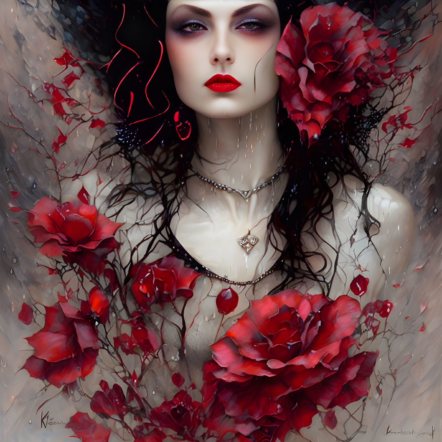 Fantastical portrait of woman with red flowers and dark swirls