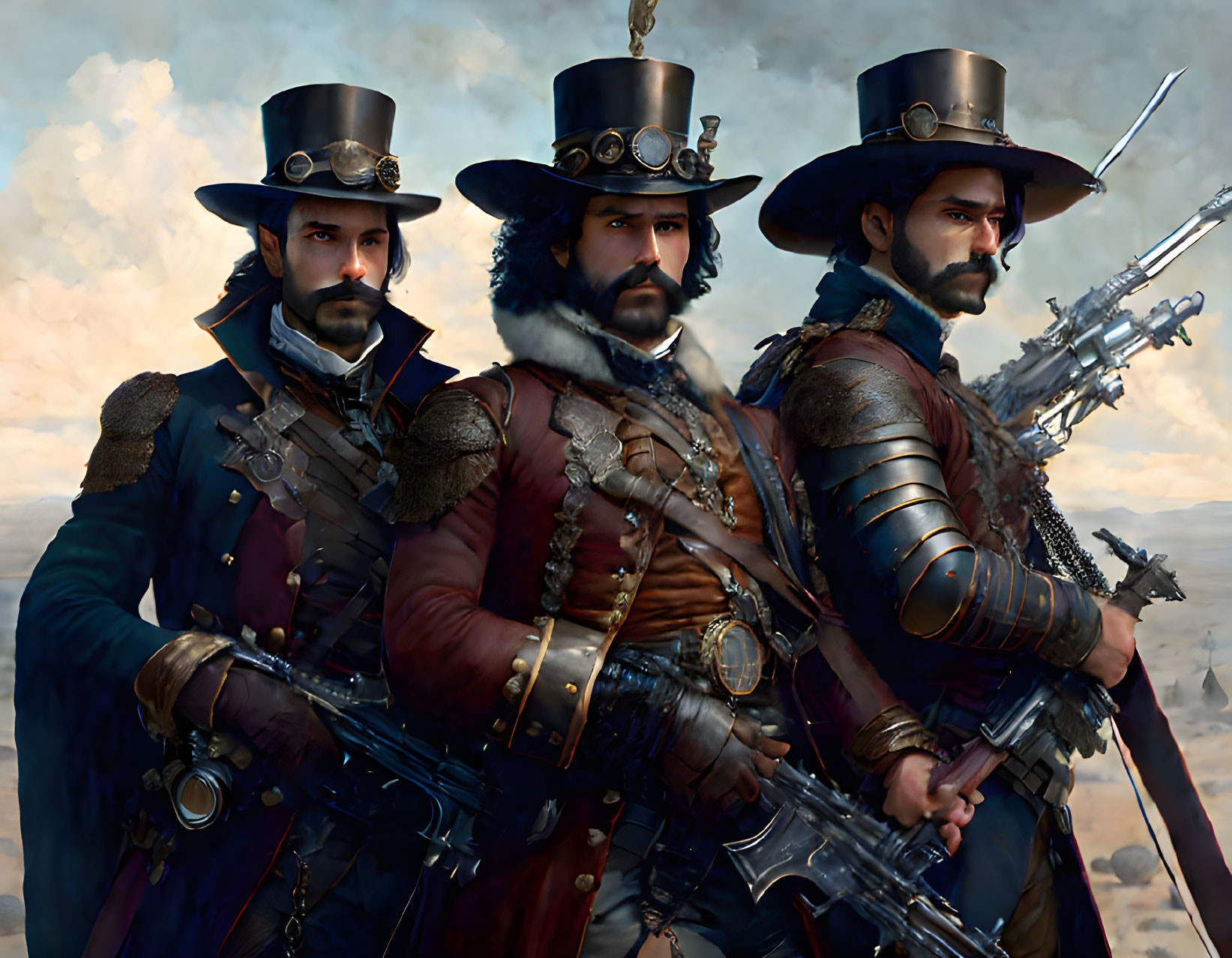 Three steampunk adventurers in elaborate outfits with top hats, goggles, and mechanical rifles.