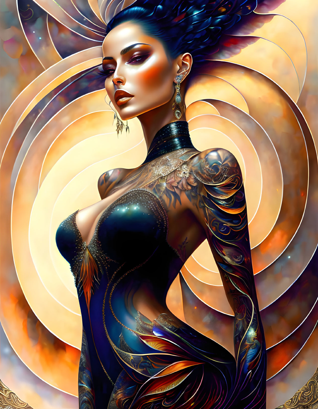 Elaborate tattooed woman with blue eyes in digital art