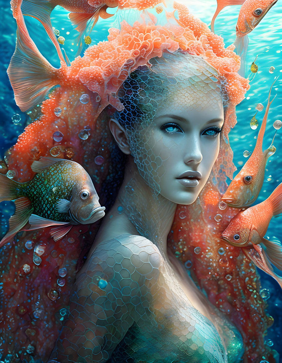 Fantasy mermaid with coral hair and fish companions in vibrant underwater setting