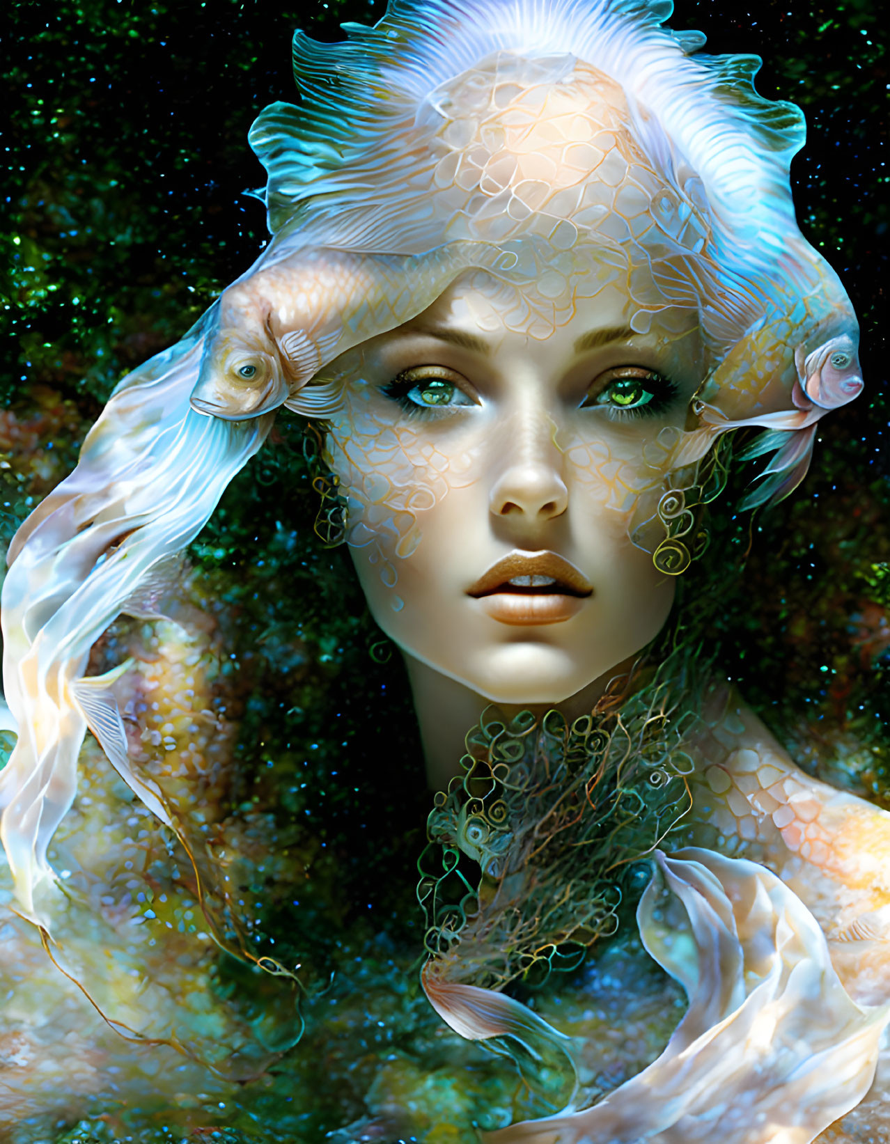 Iridescent Woman Portrait with Fish-Like Features and Cosmic Background