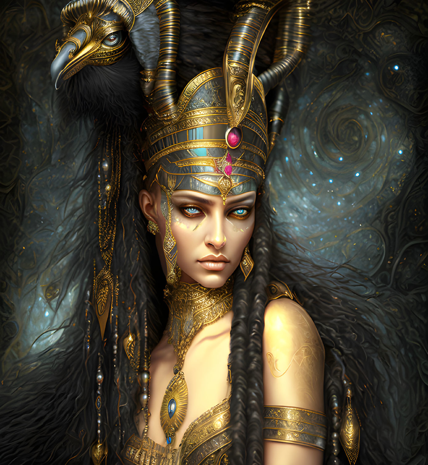 Regal Woman with Golden Headdress and Cosmic Motifs