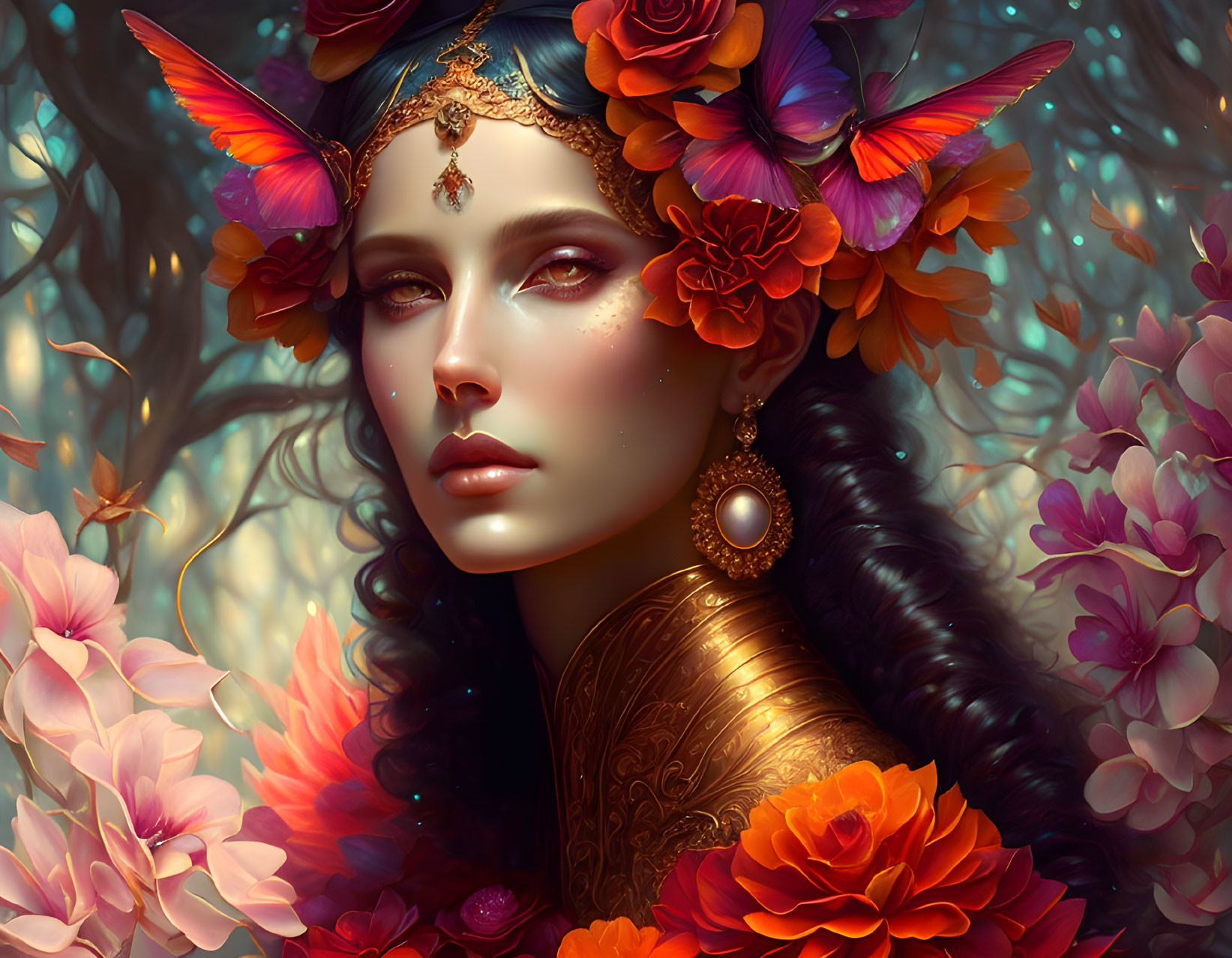 Woman adorned with golden jewelry in mystical forest setting