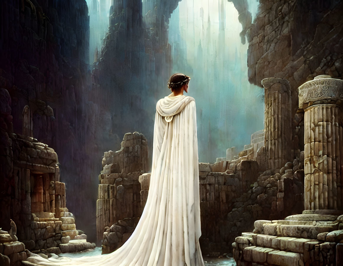 Person in White Cloak at Ancient Ruins Surrounded by Cliffs