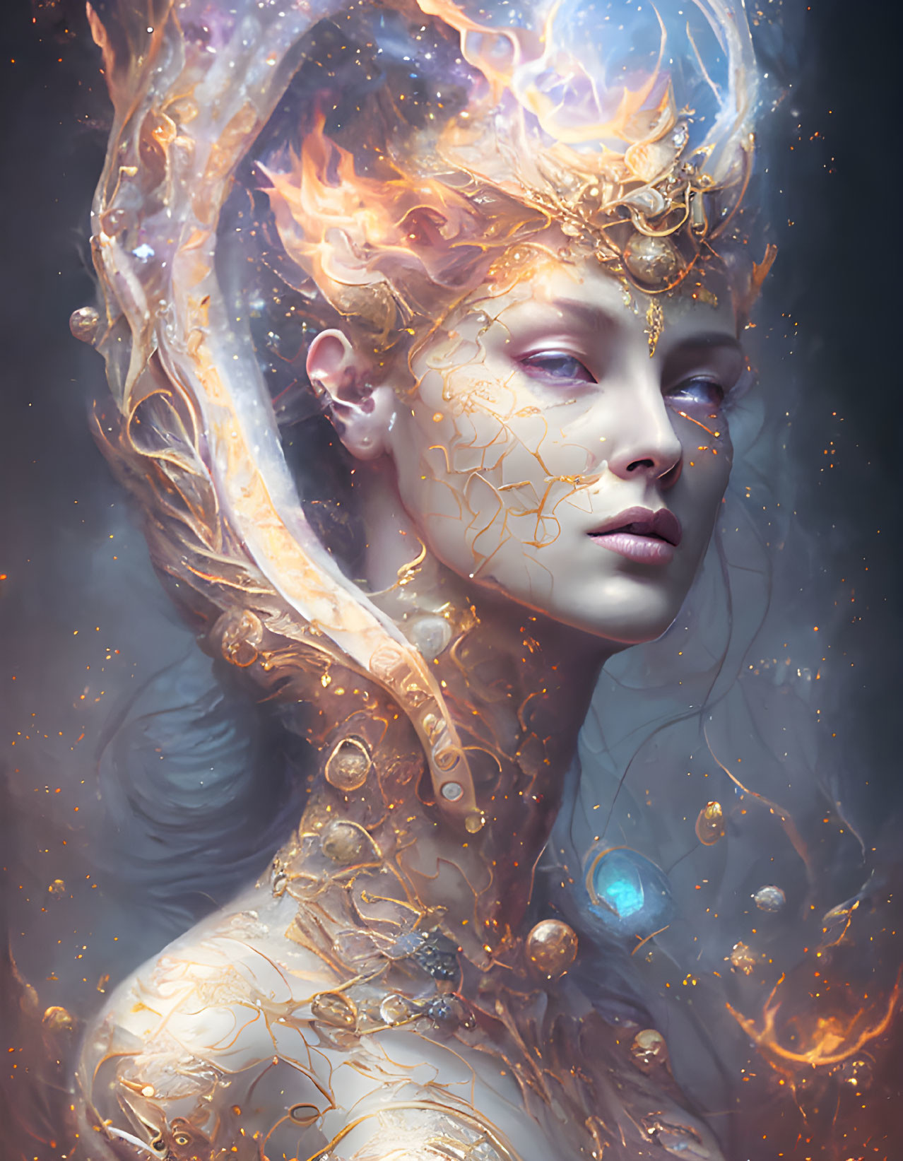 Golden ornate headdress on ethereal female figure with veiny skin patterns against dark backdrop