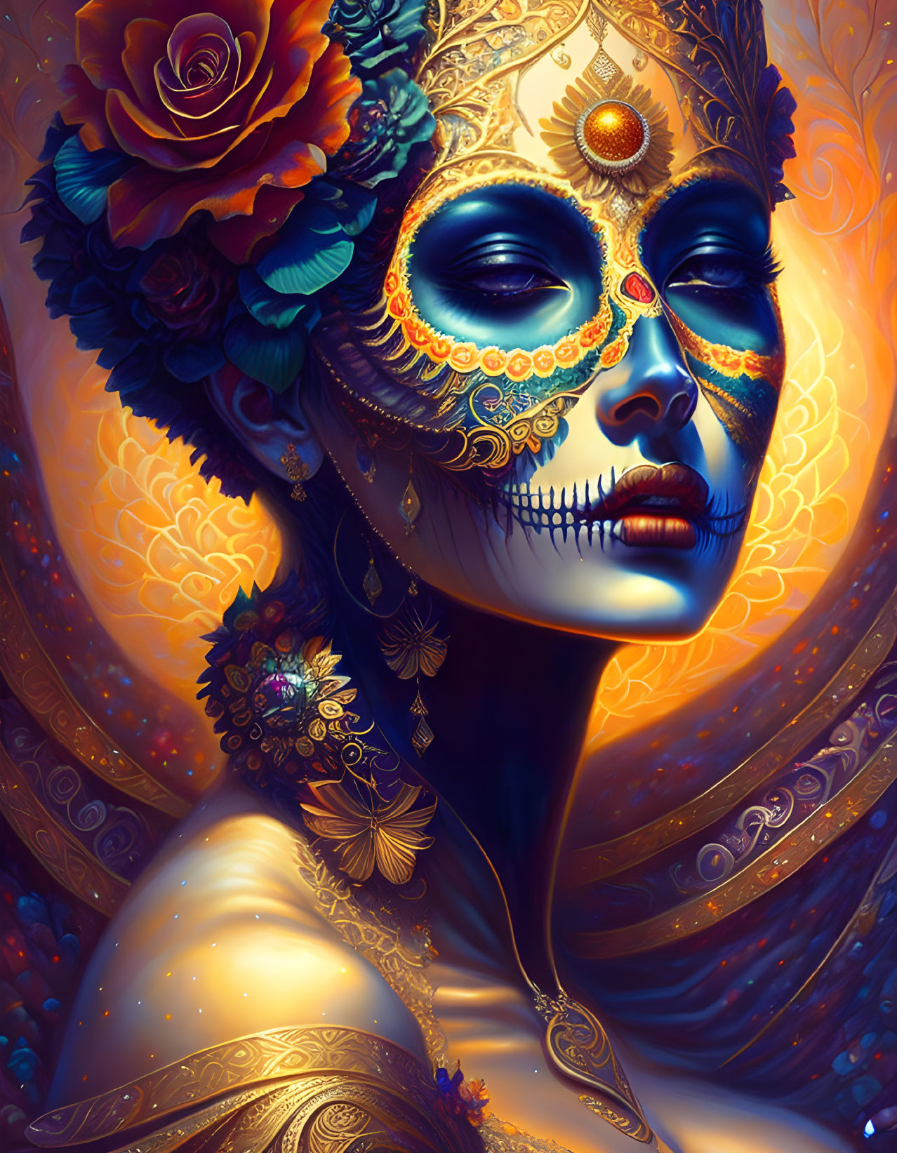 Colorful Woman with Ornate Face Paint and Jewelry in Warm Tones