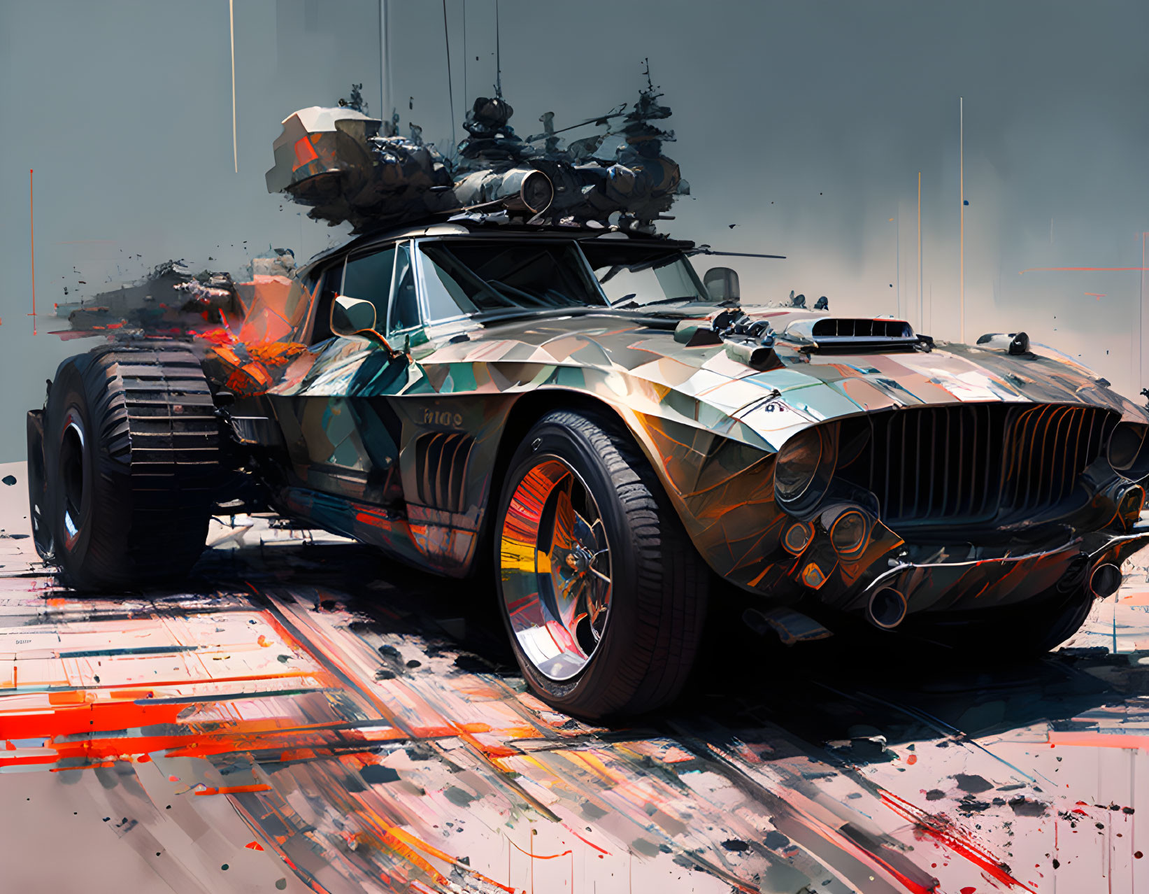 Modified car with turret on abstract background - Art Print