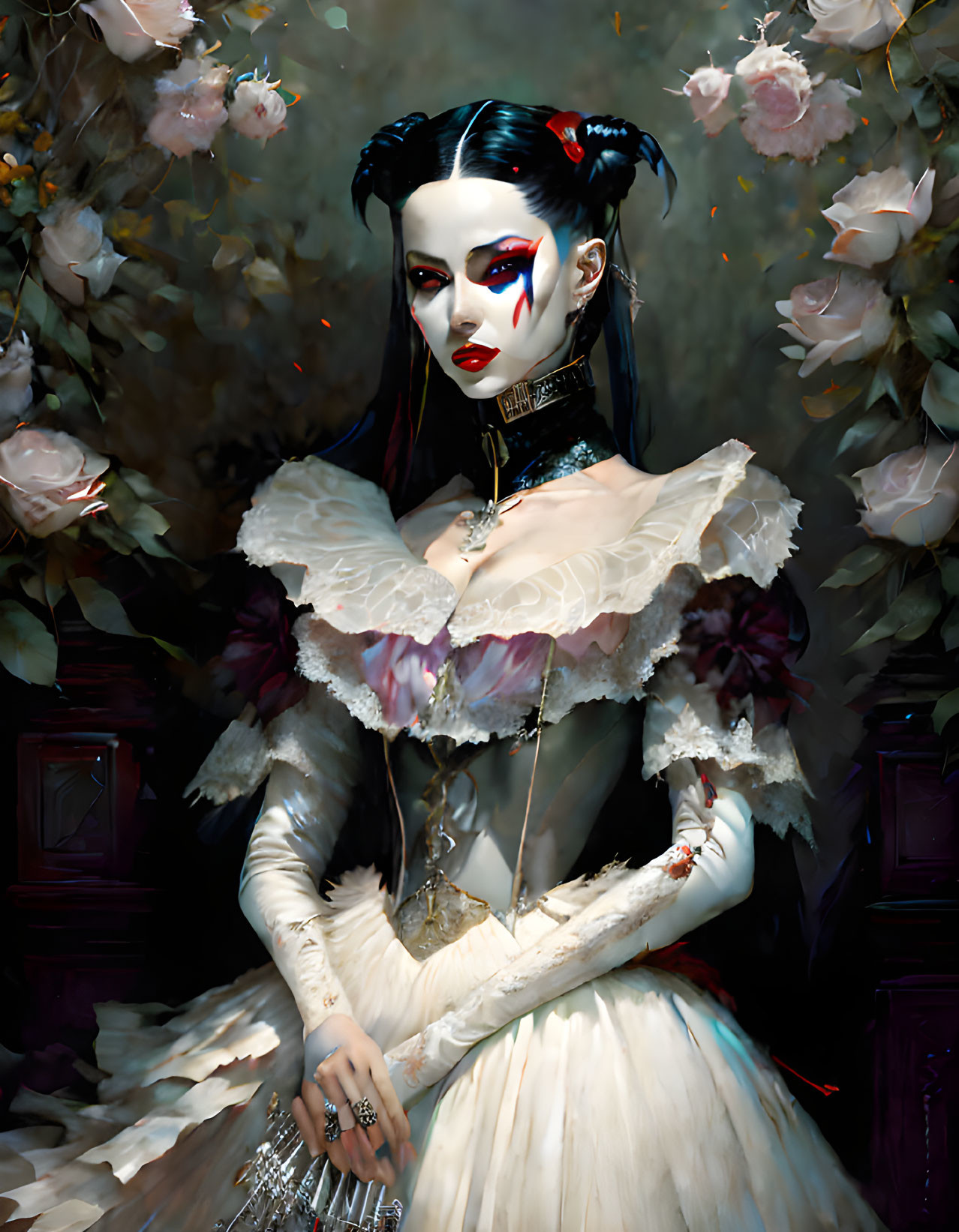 Digital artwork featuring pale, dark-haired woman in Gothic/Victorian attire with dramatic makeup and lush flowers