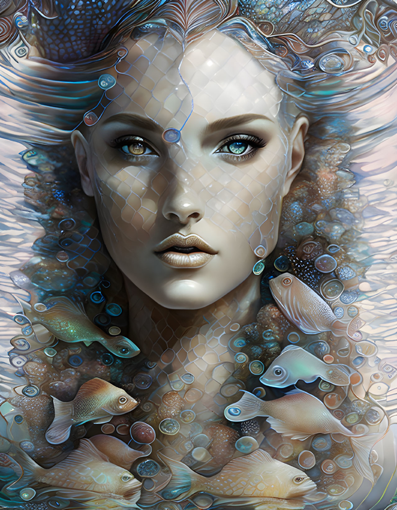 Surrealist portrait of a woman with blue eyes in watery scene