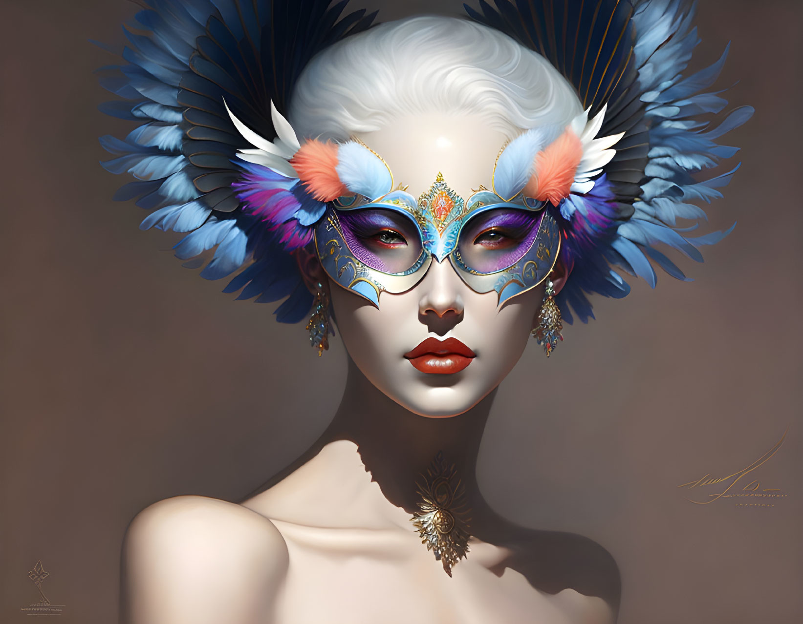 Digital artwork: Woman with pale skin, blue & gold mask, feathers & jewels