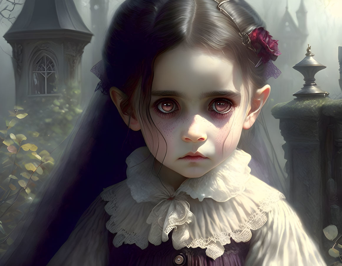 Digital artwork of young girl with pointed ears, sorrowful eyes, blush cheeks, Victorian-style dress.