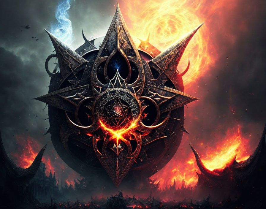 Dark fantasy emblem with fiery and mystical elements on apocalyptic background