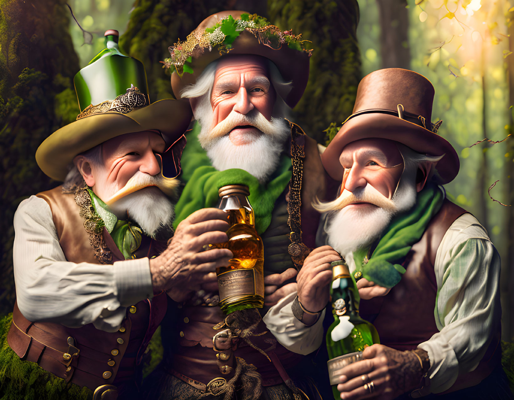 Elderly men in whimsical woodland attire enjoying drinks