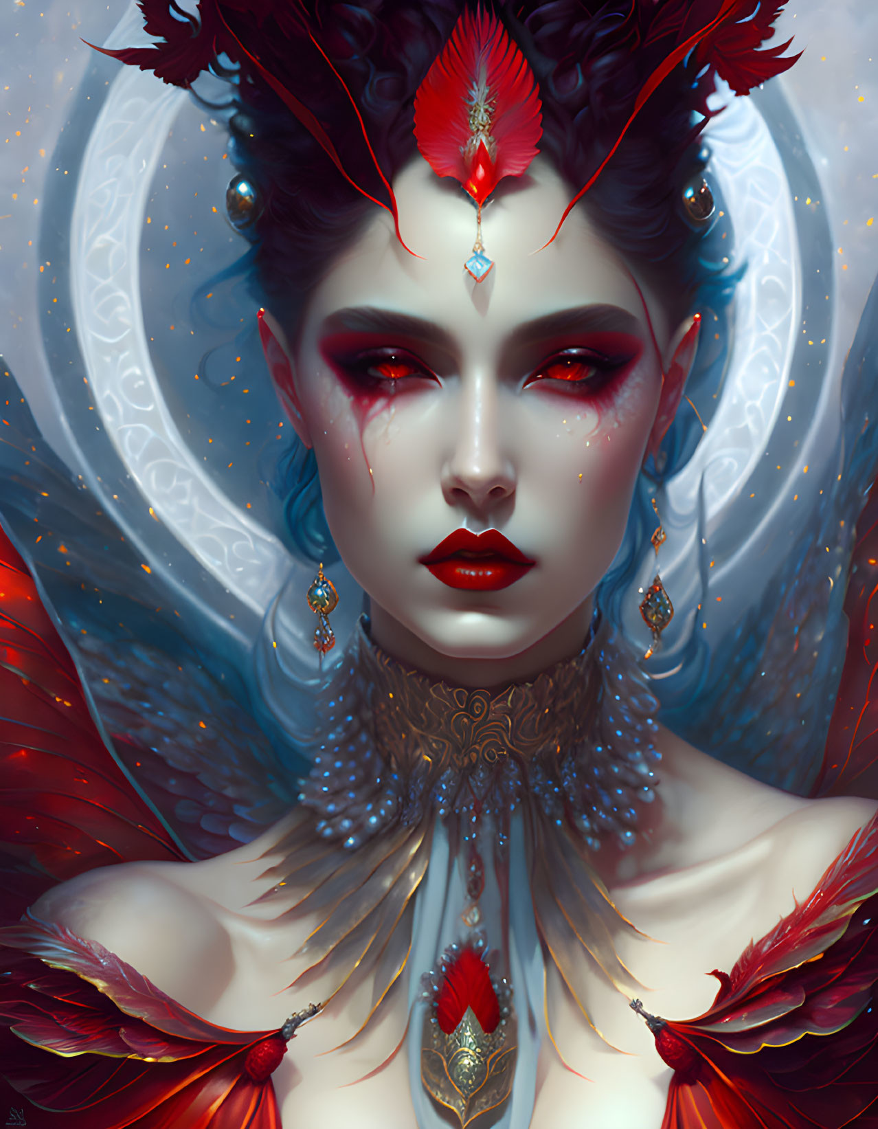 Digital portrait of woman with red & white feathers, intense eyes, ornate jewelry, and regal