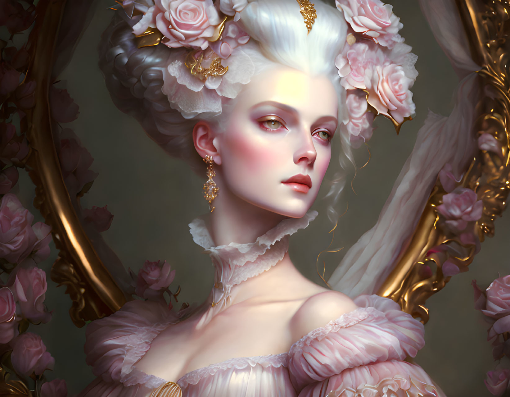 Digital artwork: Elegant woman with rococo hairstyle and roses in gilded mirror frame