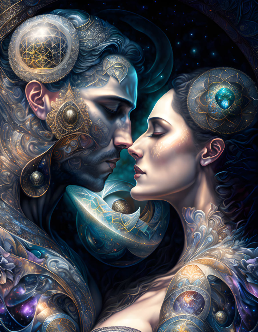 Celestial beings with adorned faces in mystical embrace